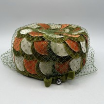 Vtg Velvet Pill Box Hat Netting 1960s Mod Green Orange Petals Union Label USA 7&quot; - £27.22 GBP