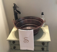 15&quot; Round Hand Hammered Copper Bucket Vessel Vanity Sink with ORB Faucet... - £236.03 GBP