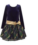 Girls Christmas Dress Bonnie Jean Navy Blue Green Long Sleeve Velvet Par... - £32.75 GBP