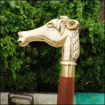 Vintage wooden walking stick cane Antique solid brass designer horse head handle - £29.54 GBP