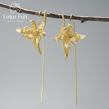 Lotus Fun Elegant Iris Flower Dangle Earrings Real 925 Sterling Silver 18K Gold  - £39.34 GBP