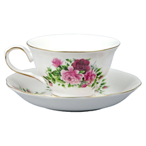 Graces Teaware 6 oz Porcelain Teacup &amp; Saucer Pink Red Roses Floral Gold Teacup - £19.56 GBP