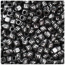 BeadTin Black Opaque 6mm Cube Plastic Alphabet Beads- White Letter F (80... - $2.09
