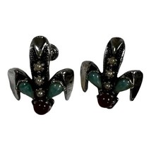 Vintage Fleur Du Lis Turquoise Lily Screw Back Clip On Earrings Estate Jewelry - £22.55 GBP