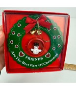 Vtg Friendship Quote Thin Wood Christmas Ornament w Bells Snowman Bow  O... - £10.49 GBP