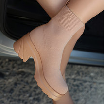 Women Ankle Boots Slip On Stretch Platform Ladies Shoes Autumn Winter Fashion Fe - £41.46 GBP