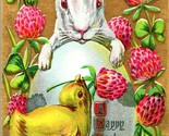 Vtg Postcard Easter Greetings Rabbit Chick Egg Red Clover Gilded Embosse... - $16.00