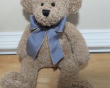 World Market plush teddy bear tan brown beanbag curly fur blue checked bow - $51.97