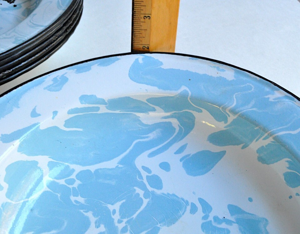 Lot 6 Light Blue & White Swirl Enamel Graniteware 10" Soup Plates Bowls Sky VTG Item image 13