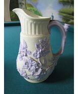 Antique J.S.H. Hill Pottery 1850s pitcher purple flowers in relief, coat... - $328.39 CAD