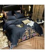 4pc Luxury European Style Navy Blue Floral Queen King Embroidered Duvet Set - £175.20 GBP+