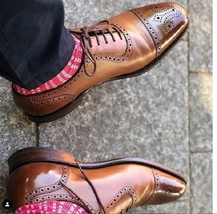 New Gentlemen Brown Cap Toe Leather Lace up Brogue Wedding Shoes - £111.88 GBP