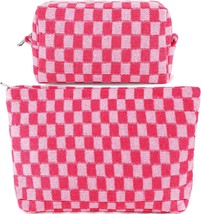 2Pcs Checkered Makeup Bag for Women Large Capacity Pink Cosmetic Bag Set Travel  - £23.58 GBP