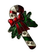 Enamel Candy Cane Brooch Christmas Rhinestones Leaves Bow Jewelry Holida... - $172.78 MXN