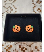 Jack O Lantern Halloween Dangle Drop Post Earrings Gold Tone Orange Plastic - $19.13 CAD
