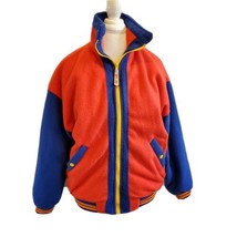 Vintage 90s Mens Small Fleece Bomber Coat Colorblock Red Blue Hip Hop Streetwear - £29.98 GBP