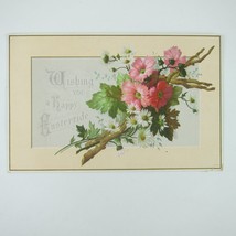 Victorian Greeting Card Easter Pink Flowers White Daisies Green Leaves Antique - £6.26 GBP