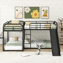 Full And Twin Size L-Shaped Bunk Bed With Slide And Short Ladder, Black - £349.72 GBP