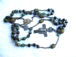 Antique Rosary Beads Black Green Jade Filigree Caps 925 Sterling Silver Crosslet - £75.17 GBP