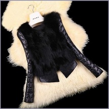 Black PU Leather Long Sleeve Faux Fur Vest Back n Front Short Waist Coat Jacket  image 2