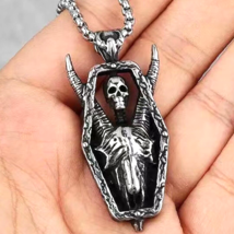 Men Silver Baphomet Goat Skull Coffin Pendant Necklace Gothic Jewelry Chain 24&quot; - £9.48 GBP