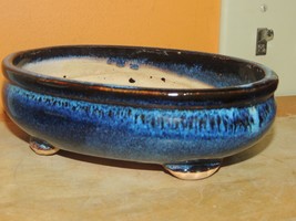 Vintage Bonsai Pot 6.25&quot;x4.25&quot;+ blue &amp; brown Polychrome Drip Glaze Japanese - $20.24