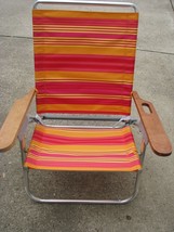 Folding Aluminum Beach Lawn Chair Orange Red Striped Carrying Strap Cup Holder - £27.14 GBP