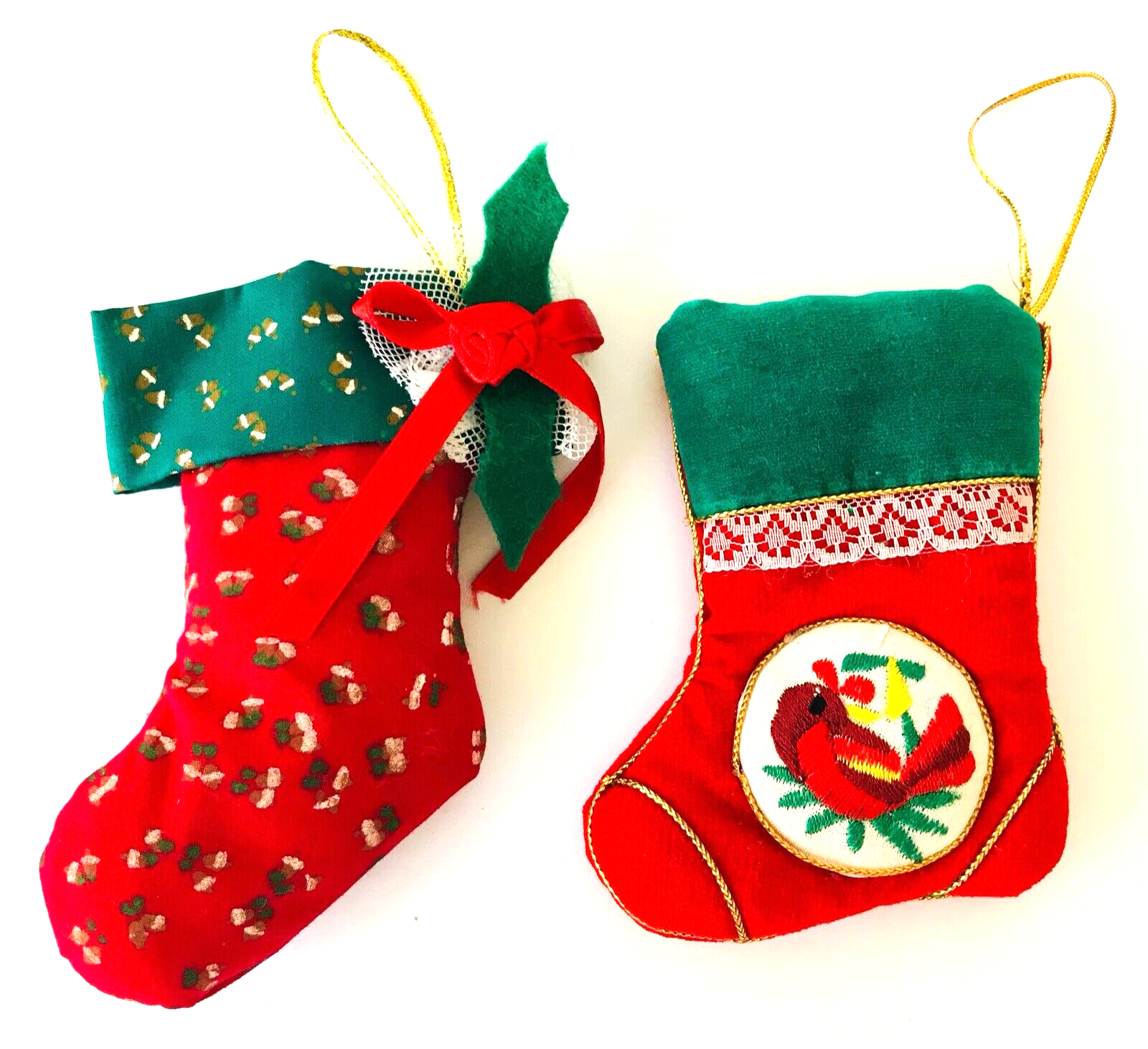 Primary image for 2 Little Christmas Stocking Ornaments Red & Green Fabric & Trims 4.5" tall