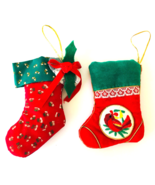 2 Little Christmas Stocking Ornaments Red &amp; Green Fabric &amp; Trims 4.5&quot; tall - £12.98 GBP