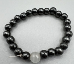 Bracelet Smokey Black Shiny Beads One White Stone Stretch Best 7&quot; Wrist or Less - £6.15 GBP