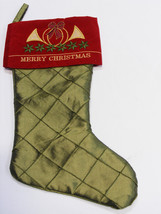 GREEN QUILTED SILK CHRISTMAS STOCKING W/ BEAUTIFULLY EMBROIDERED BRASS H... - £11.65 GBP