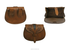 Medieval Bag Large Day-Pouch Heavy Duty Brown/Black &#39;Fleur&#39; Leather Reenactment - £22.49 GBP