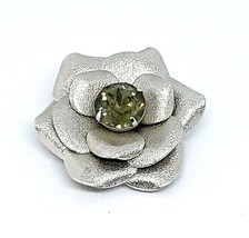 Rose Green Rhinestone Silver Tone Metallic Pendant Brooch Pin Vintage EUC - £6.96 GBP