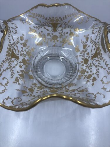 Primary image for Decorative Glass Bowl- Dish Gold Colored Encrusted W/dual Handles on Raised Base