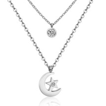Cubic Zirconia &amp; Silver-Plated Moon Layered Pendant Necklace - £11.35 GBP