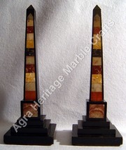 12&quot; Pair of Black Marble Obelisks Italian Specimen Pietra Dure Marquetry... - $2,341.01