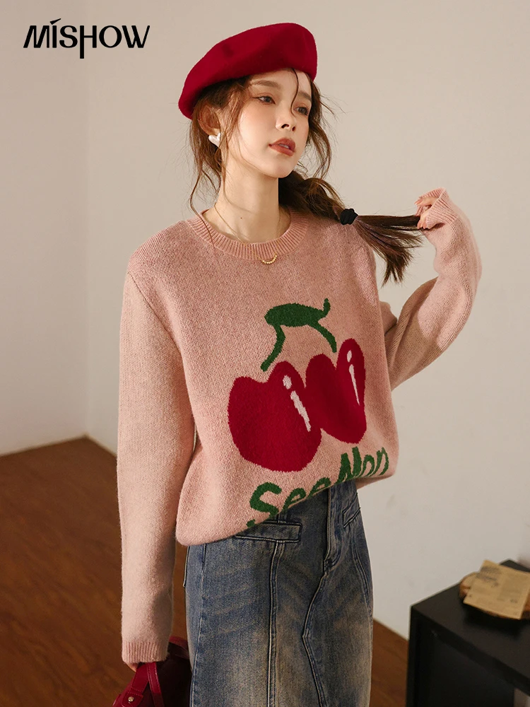 MISHOW Women&#39;s Pink Cherry   Autumn Winter Korean Color Contrast O-Neck Sweet So - £104.00 GBP