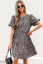 Brown Denim Leopard Printed Short Puff Sleeve Mini Dress - $40.99