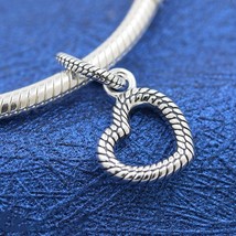 925 Sterling Silver Snake Chain Pattern Open Heart Pendant Dangle Charm - $16.80