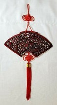 Chinese Carved Red Lacquer Two Crane 17&quot; Hanging Fan w/ Red Lucky Knot &amp; Tassles - £77.52 GBP