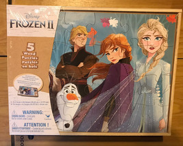 Disney Frozen 2 (5) Wood Puzzles w/Tray &amp; Storage Box Ages 3 + Education... - £15.73 GBP