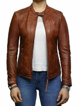 Women Genuine Leather Biker Jacket Waxed Lambskin Vintage Tan Size S M L... - $99.99