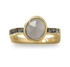 Bezel Set Grey Moonstone &amp; Natural Black Diamond Chips Ring Yellow Gold Plated - £140.19 GBP