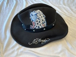 Ed Hardy Snow Leopard Tiger Cowboy Hat Studded Band Tattoo Black - One Size - £43.07 GBP