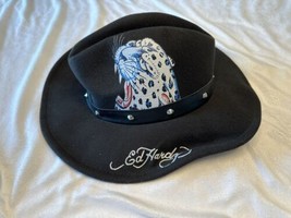 Ed Hardy Snow Leopard Tiger Cowboy Hat Studded Band Tattoo Black - One Size - £41.13 GBP