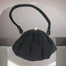 Vintage Crescent Gathered Handbag Purse Black Faille Fabric Rhinestone A... - £29.79 GBP