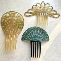 Antique Celluloid Large Black Amber Rhinestone Hair Combs Victorian Lot of 3 - £199.00 GBP