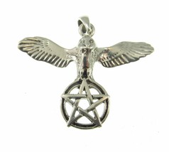 Handcrafted Solid 925 Sterling Silver Flying Owl with Pentacle Pentagram Pendant - £30.09 GBP