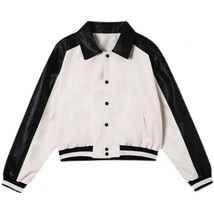 Ock patchwork casual sweatwear pu leather jacket 2022 new design loose motorcycle lapel thumb200