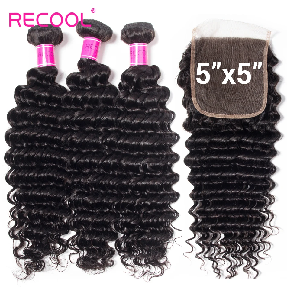 Recool Deep Wave Bundles With 5x5 Lace Closure Brazilian Remy Hair Weave Bundles - £132.13 GBP+